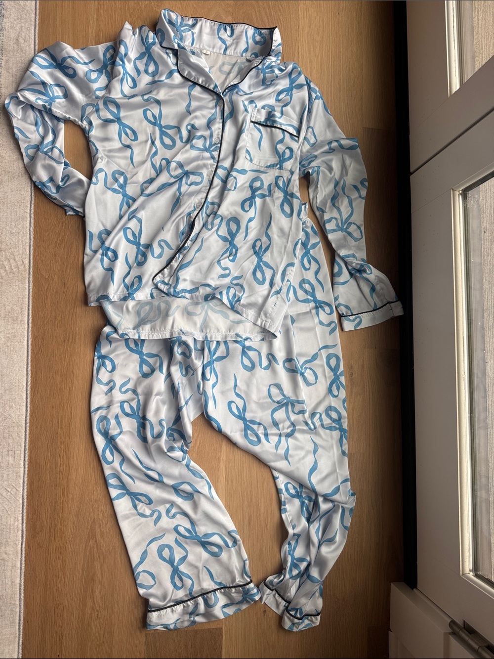 Womens Satin Pajama Set in White with Blue Ribbon Print